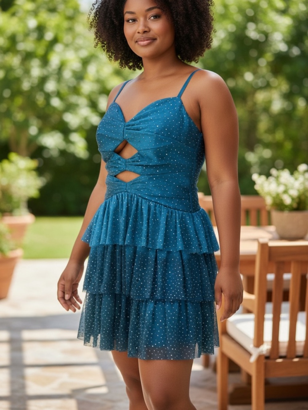 Teal Diamond Detail Ruffle Tiered Dress with Cutout Bodice